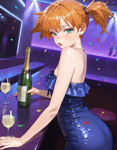 nsfw, year 2024, best quality, recent, very awa, masterpiece, score 9, score 8 up, score 7 up, 1girl, 19 years old, mature eyes, Galaxy in her eyes, \\(dark lipstick\\), imperfect skin, detailed face, detailed eyes, hot, casual photo, classy makeup, freckles,
1woman, solo, Maya, thick butt, modern and cute, tight waisted body, hot, freckles, skinny, flat chested, lovely, concerned, sexy, Expressiveh, 1nc4s3, \\(boudoir photos\\), wide angle,
strapless dress, \\(orange\\) dress, sideboob, sleeveless,
Setting, indoors, Purple walls, moody, dance club,  bar, foggy, misty, \\(holding champagne glass in left hand\\), \\(holding champagne bottle in right hand\\), confetti everywhere, confetti floating around her, \\(HAPPY NEW YEARS\\), embedding:safe pos, embedding:safe pos