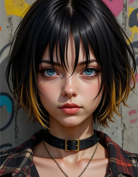 An anime-style close-up portrait of a young woman with short, messy, black-and-blonde hair, wearing a choker. Her expression is calm yet rebellious, with a subtle glare in her deep blue eyes. The background is filled with colorful and chaotic graffiti on a concrete wall, featuring abstract patterns and faces. The lighting creates soft shadows on her face, emphasizing her sharp features and edgy aesthetic. The art style is vibrant and detailed, with a gritty urban vibe that reflects street culture.