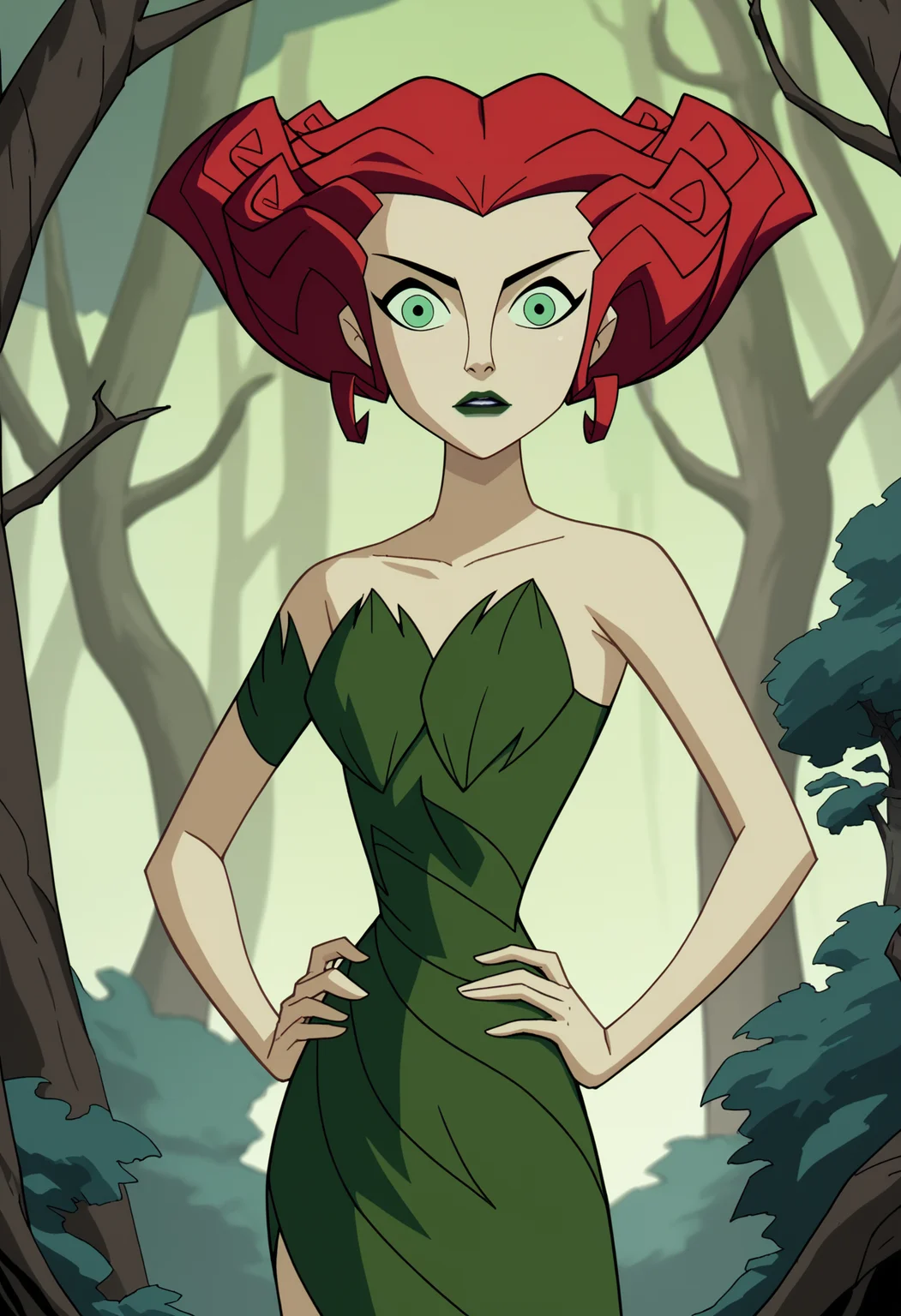score_9, score_8_up, score_7_up, BREAK,
1girl, poisonivy, red hair, green eyes, lipstick,
strapless dress, pale green skin, bare shoulders,
hands on hips, standing, solo, looking at viewer,
trees, dark jungle background <lora:PoisonIvyPDXL_byKonan:1>