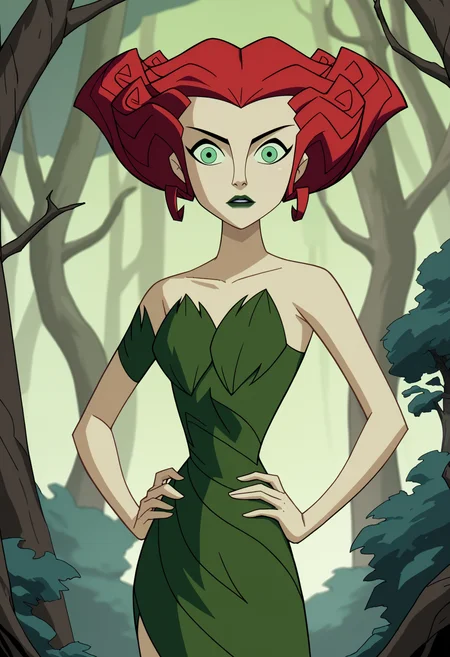 score_9, score_8_up, score_7_up, BREAK,
1girl, poisonivy, red hair, green eyes, lipstick,
strapless dress, pale green skin, bare shoulders,
hands on hips, standing, solo, looking at viewer,
trees, dark jungle background <lora:PoisonIvyPDXL_byKonan:1>