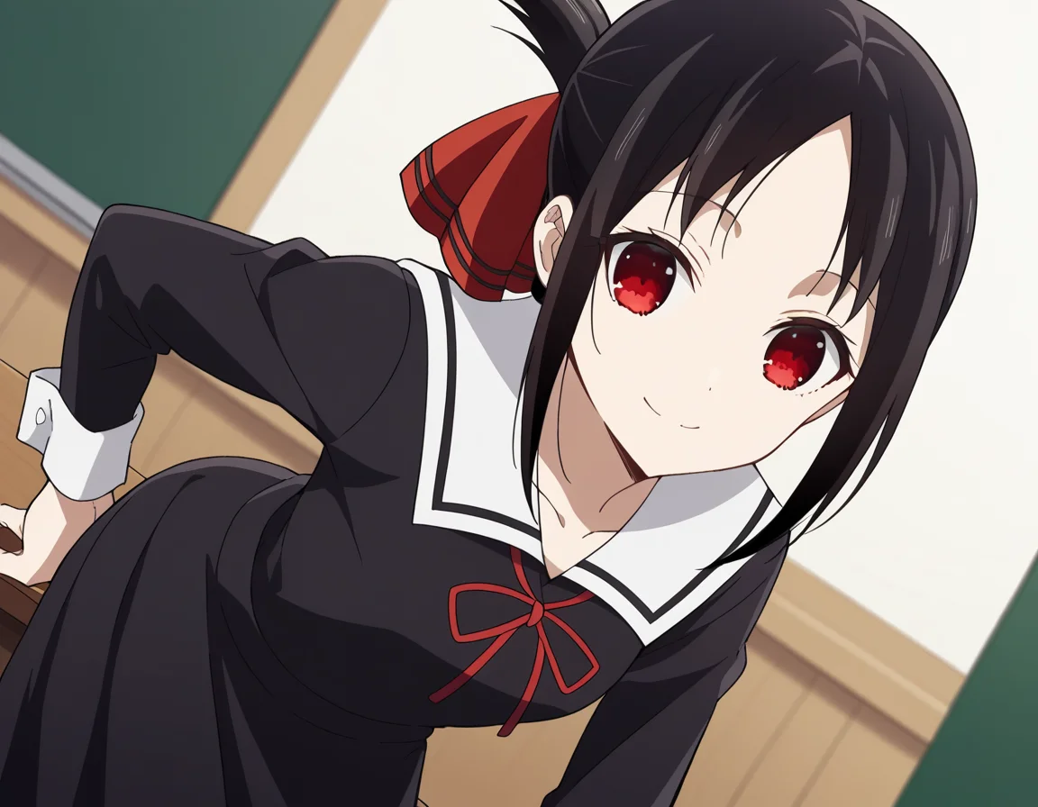 score_9, score_8_up, score_7_up, source_anime,
kaguyashinomiya, <lora:kaguya-shinomiya-s3-ponyxl-lora-nochekaiser:1>,
kaguya shinomiya, short hair, bangs, black hair, red eyes, hair ribbon, sidelocks, folded ponytail, parted bangs,
long sleeves, dress, ribbon, school uniform, collarbone, black dress, sailor collar, white sailor collar, red ribbon, neck ribbon, shuuchiin academy school uniform,
indoors, classroom, bent over, smile,
looking at viewer, cowboy shot, dutch angle, solo,