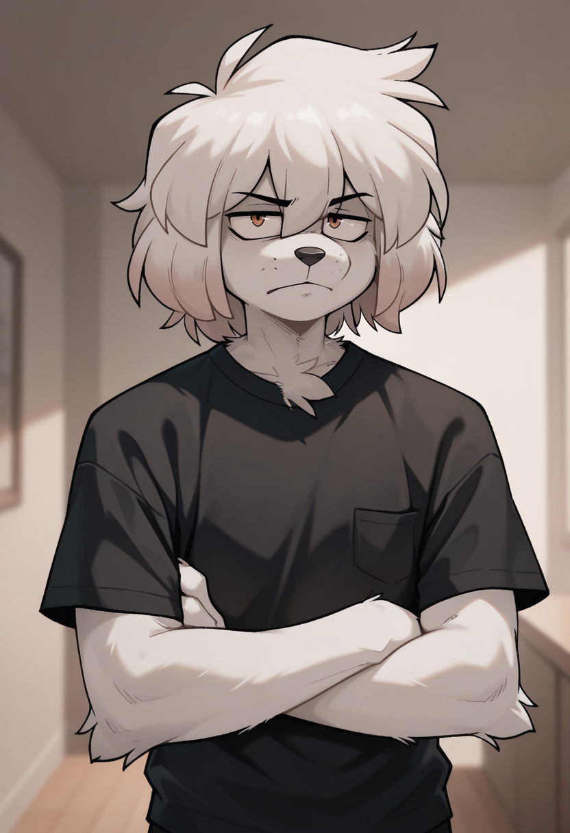 masterpiece, good quality, best quality, very awa, very as2, absurdres, highres, MikaCSnuft, furry, anthro, white fur, tuft of fur, 1boy, solo, furry male, arms crossed, looking at viewer, annoyed, black shirt,  <lora:Mika_CrazySnuft:0.8>