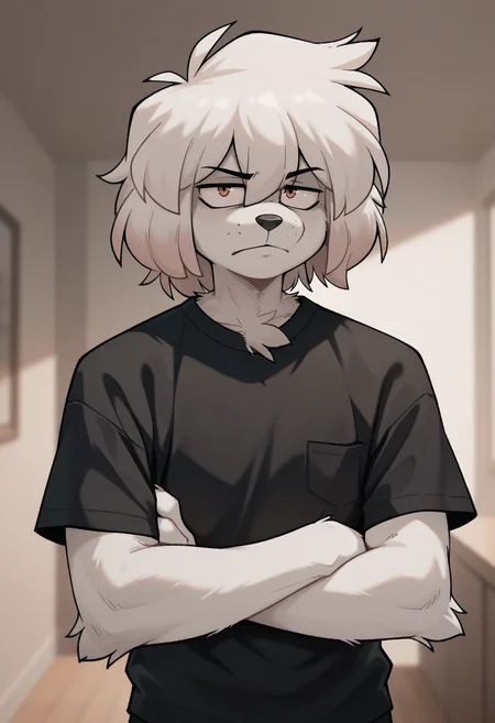 masterpiece, good quality, best quality, very awa, very as2, absurdres, highres, MikaCSnuft, furry, anthro, white fur, tuft of fur, 1boy, solo, furry male, arms crossed, looking at viewer, annoyed, black shirt, <lora:Mika_CrazySnuft:0.8>