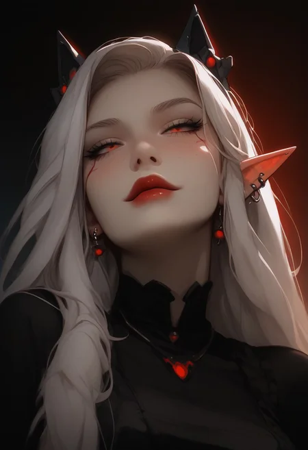 (score_9, score_8_up, score_7_up), 1egirl, solo, 20 year old,She's lying on her back
, white long hair, 1girl, elf, condescending look, pale white skin, petit, very white skin, two colored hair ((red and white hair)), red glowing highlights, Undercut right side, freckles, very detailed face, black lipstick, red fire eyes, wet skin,( slingshot string:1.2), black mini skirt, big thighs, grabbing her own boobs, ((We are looking from before her face)),skimpy hips, volumetric lighting, vibrant colors, kneeling before fireplace, kneeling, spread legs, lilandavastyle, OverallDetail, Expressiveh, fFaceDetail, g0thicPXL, glowing, neon,  view from front, below shot, focus on face, depth of field, cat onesie, natural big boobs, (j-cup), natural physics, Goth, cyberpunk horns, grabbing boobs, bite lower lip, super detailed skin, black nipple piercings, Focus on face,( no penetration:1.3), energetic pose, fishnet thighhighs, no pants, underboobs