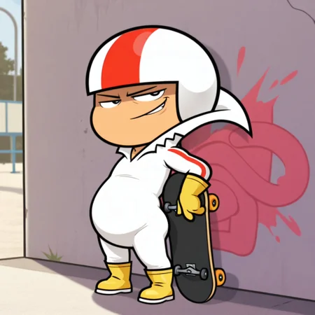 masterpiece, best quality, amazing quality, kickbutt, 1boy, male focus, human, solo, young, black eyes, short, slightly chubby, striped white jumpsuit, striped white helmet, yellow gloves, yellow boots, smirk, resting arm, leaning against skateboard, outdoors, skatepark, graffiti