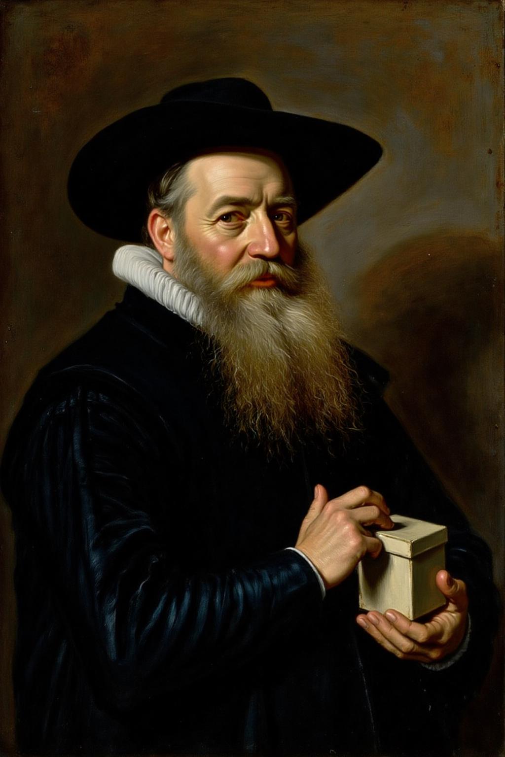 fraha1 painting of an old man with a long white beard and a black hat on his head. He is wearing a black long-sleeved shirt with a white collar. His hands are clasped together in front of him, and he is holding a small white box in his right hand. His eyes are slightly open, and his hair is slicked back. The background is a mix of brown and gray, and the man's shadow can be seen on the right side of the frame. <lora:fraha2_nocap_d6a3:1.0><lora:806973146306637096:0>