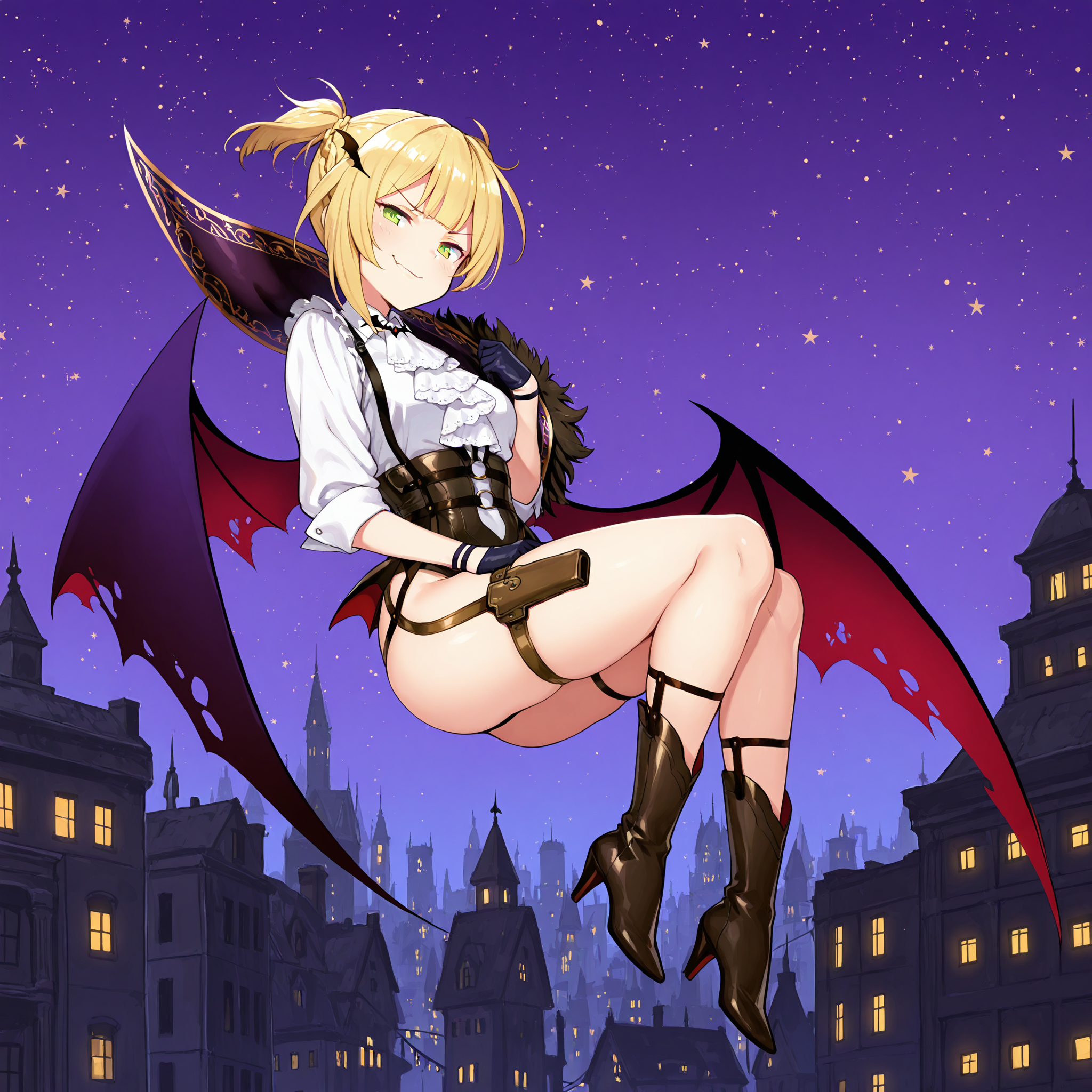 (masterpiece), best quality, (highly detailed), 1female, solo, <lora:Welrod:0.7> , Welrod, green eyes, Welhalloween, high heel boots, wing hair ornament, gloves, thigh holster, wings, city, nighttime, floating, smug,