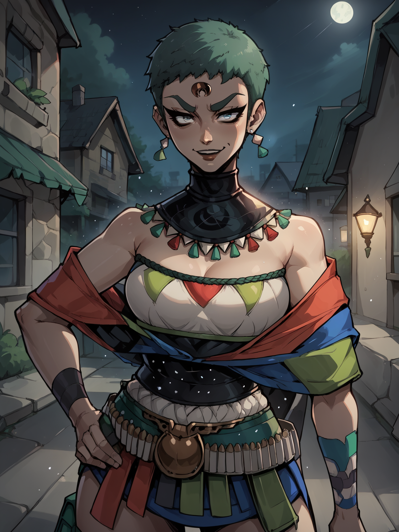 score_9, score_8_up, score_7_up, score_6_up, score_5_up , source_anime BREAK
1igrl, hades2eris ,forehead mark,<lora:erisPony:1>, short hair,  green hair, erisdress, collar, hand on hip, smug,
moonlight, particles, night, dark scene, cell shading, linear hatching,