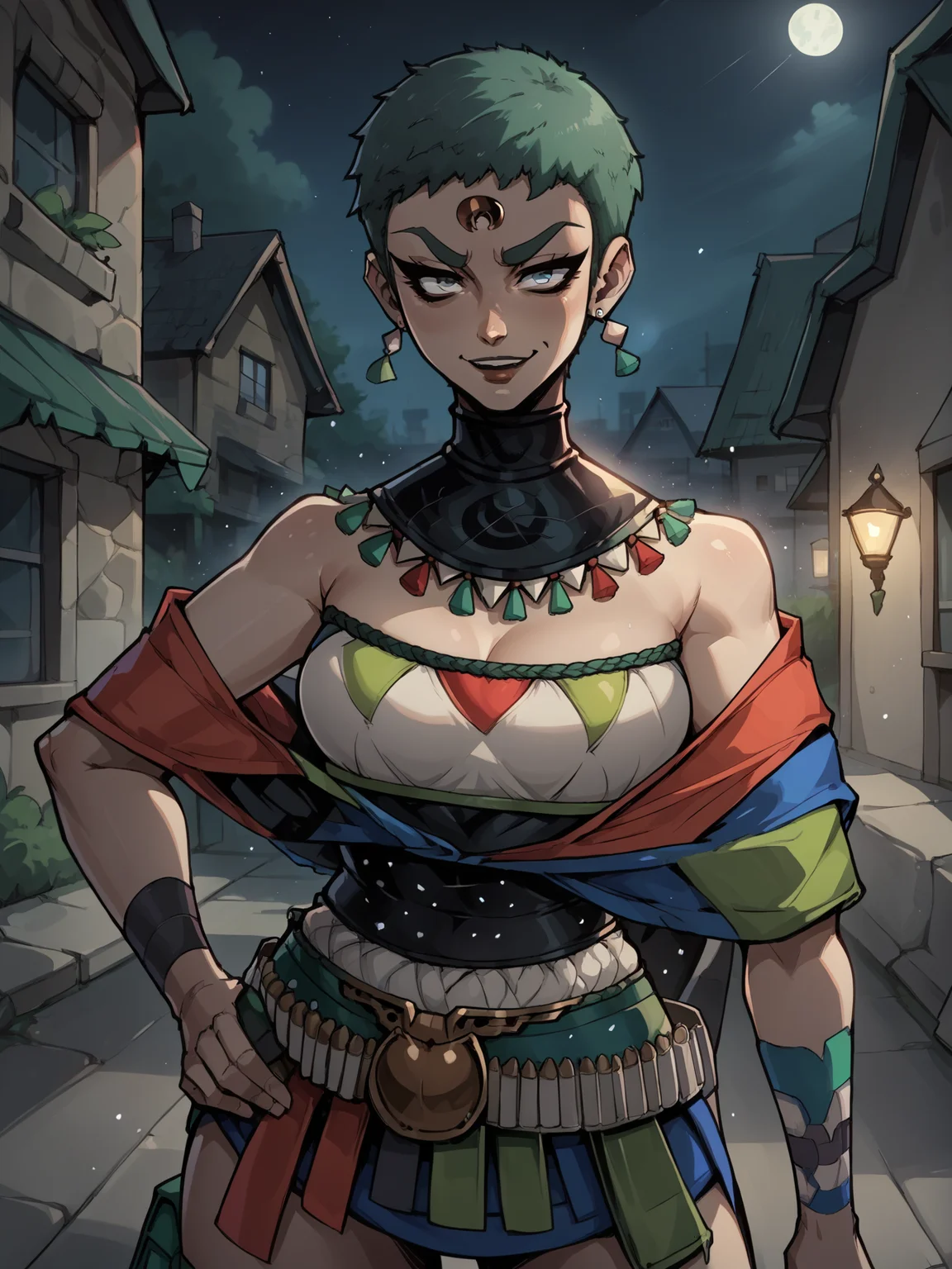 score_9, score_8_up, score_7_up, score_6_up, score_5_up , source_anime BREAK
1igrl, hades2eris ,forehead mark,<lora:erisPony:1>, short hair, green hair, erisdress, collar, hand on hip, smug,
moonlight, particles, night, dark scene, cell shading, linear hatching,