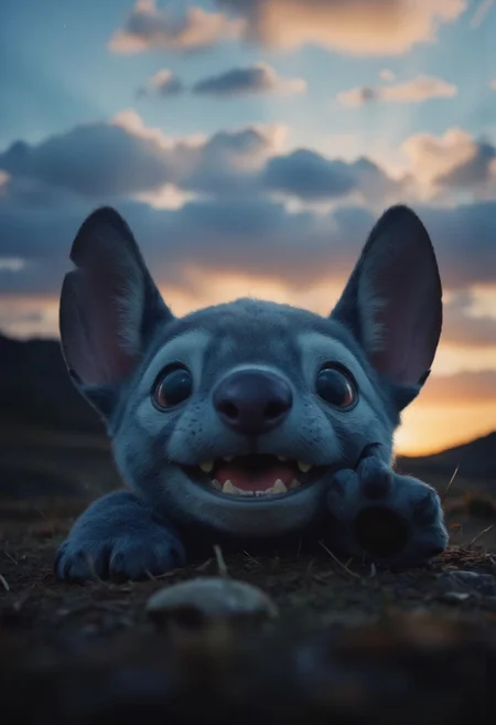 realistic photo of stitch partially covered in shadows, closeup portrait, monochrome with blue highlight, detailed vibrant blue fur, cute large eyes, mouth open, teeth, funny, reaching paw, moody volumetric sundawn backdrop, sunrise behind fluffy Clouds with extrem volumetric lighting backdrop, atmospheric haze, Film grain, cinematic film still, shallow depth of field, highly detailed, high budget, cinemascope, moody, epic,