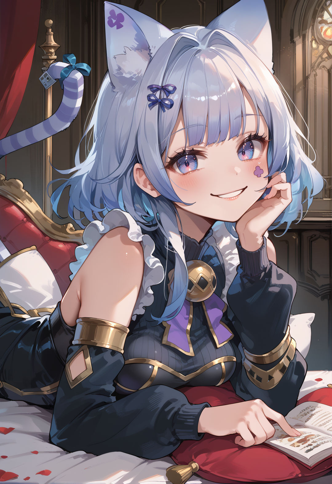 (score_9:0.9),score_8_up,score_7_up,rating_safe,anime_style,(zPDXL),(zPDXL3),((solo)),<lora:MALICE Pawn Cheshire Cat ponyXL v1.31:0.75>,mâlice pawn cheshire cat,smile,detached sleeves,looking at viewer,1girl,blush,solo,cat girl,parted lips,on stomach,2girls,facial mark,multiple girls,grin,black dress,medium breasts,castle,