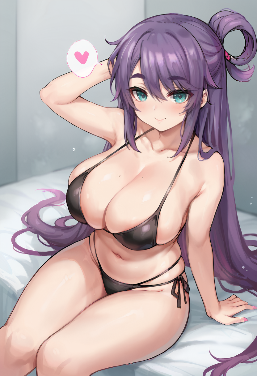 score_9, score_7_up,  1girl, 
solo, huge breasts, wide hips, thick thighs, arm up, skindentation, thighs, closed mouth, smile, very long hair, collarbone, swept bangs, pink nails, navel, breasts, hair rings, looking at viewer, nail polish, long hair, sitting, thick eyebrows, fingernails, aqua eyes, hair between eyes, blush, heart, swimsuit, spoken heart, arm at side, stomach, bikini, purple hair, black bikini
 <lora:shiodome_oji-Style-PonyXL-GLoRA:1>