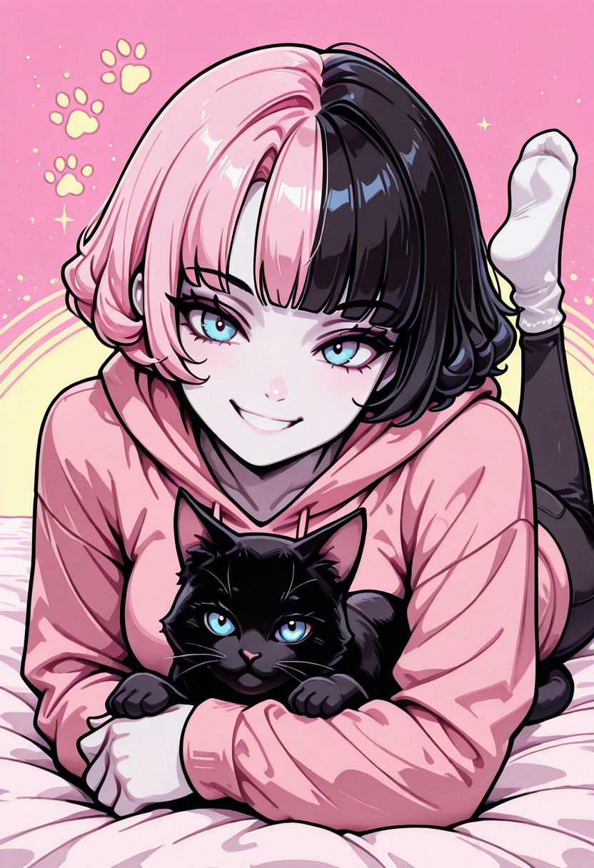 masterpiece, best quality, 32k, high resolution, absurdres, vector art, flat colors, s1n0p0p, in the style of Jedpstgl, Impressionism,  Vaporwave,Pixel Art, Sabrina, SabrinaRH, short hair, bobcut, ((Pink-black) split hair, split-color hair,) curled hair tips, parted bangs, blue eyes, medium breasts, pale skin, pink hoodie, cats paw print, pants, dual color background (pink-black) , abstracts, cowboy shot, looking at the viewer,, smiling,  cat, cuddling, laying on stomach, head resting, feet up, socks, focus on face, face closeup,
