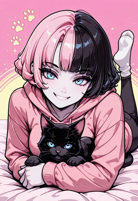 masterpiece, best quality, 32k, high resolution, absurdres, vector art, flat colors, s1n0p0p, in the style of Jedpstgl, Impressionism, Vaporwave,Pixel Art, Sabrina, SabrinaRH, short hair, bobcut, ((Pink-black) split hair, split-color hair,) curled hair tips, parted bangs, blue eyes, medium breasts, pale skin, pink hoodie, cats paw print, pants, dual color background (pink-black) , abstracts, cowboy shot, looking at the viewer,, smiling, cat, cuddling, laying on stomach, head resting, feet up, socks, focus on face, face closeup,