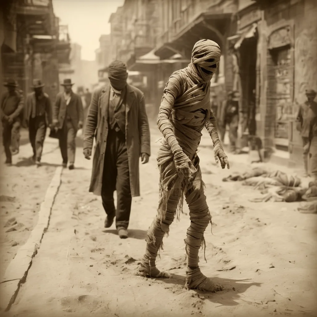 <lora:SDXL_mummy_Sa_May:1> mummy, a desiccated mummy, man sepia, 19th century photo, walking down the street dust scratches stains