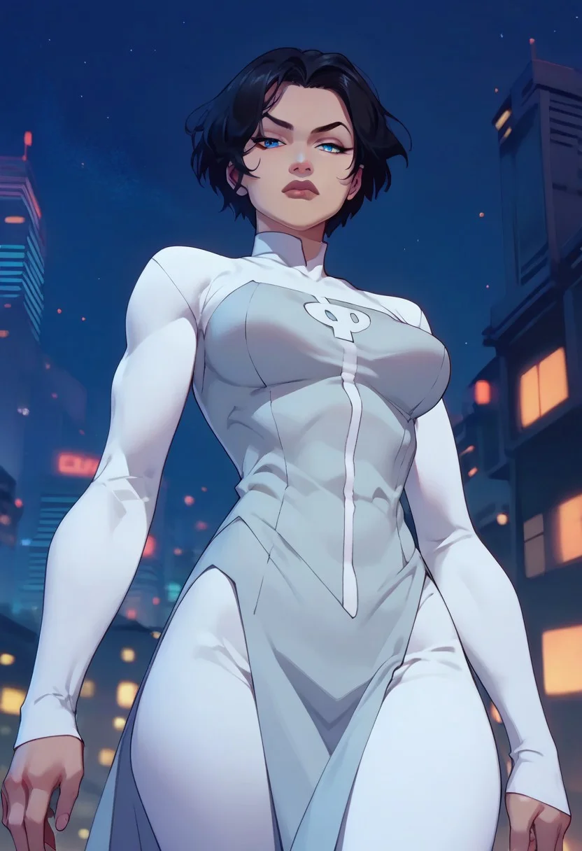 score_9,score_8_up,score_7_up,score_6_up, anissaxl,black hair,blue eyes,short hair,from below, white bodysuit,long sleeves,white pants,short pelvic curtain,curvy, floating,night,city scape,looking at viewer, closed mouth, half closed eyes