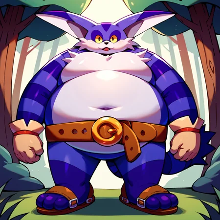 score_9, score_8_up, score_7_up, score_6_up, score_5_up, score_4_up, source_cartoon, <lora:Big_The_Cat_V2_Sonic_The_Hedgehog_PonyXL:1> big the cat, big, cat, furry, fat, obese, purple skin, white fluffy belly, yellow sclera, long ears, stripey arms, stripey tail, gloves, belt, sandals, three toes, purple feet, wandering in the forest, looking at viewer, forest background