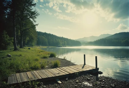 A peaceful lake surrounded by dense pine trees, a rustic wooden dock extending into the crystal-clear water, serene atmosphere, vibrant reflections, soft morning light, hyperrealistic detail, digital painting, nature landscape by Thomas Kinkade, 4k resolution, cinematic composition