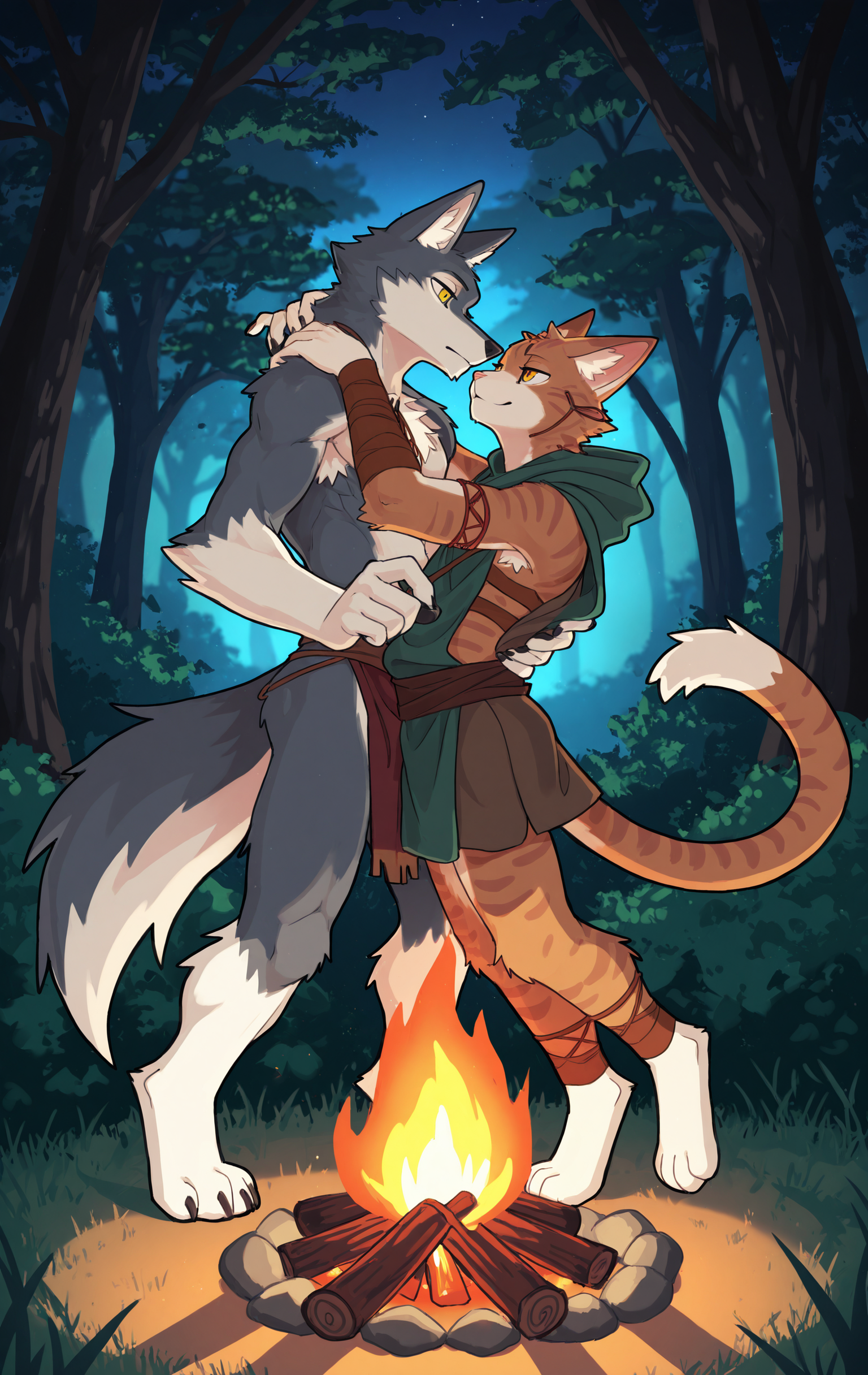 solo, by guzumin, furry, furry male, duo, 2boys, furry_with_furry,  tribe clothed, wolf, cat, holding another's hand, romantic dance,  dynamic pose, campfire, 