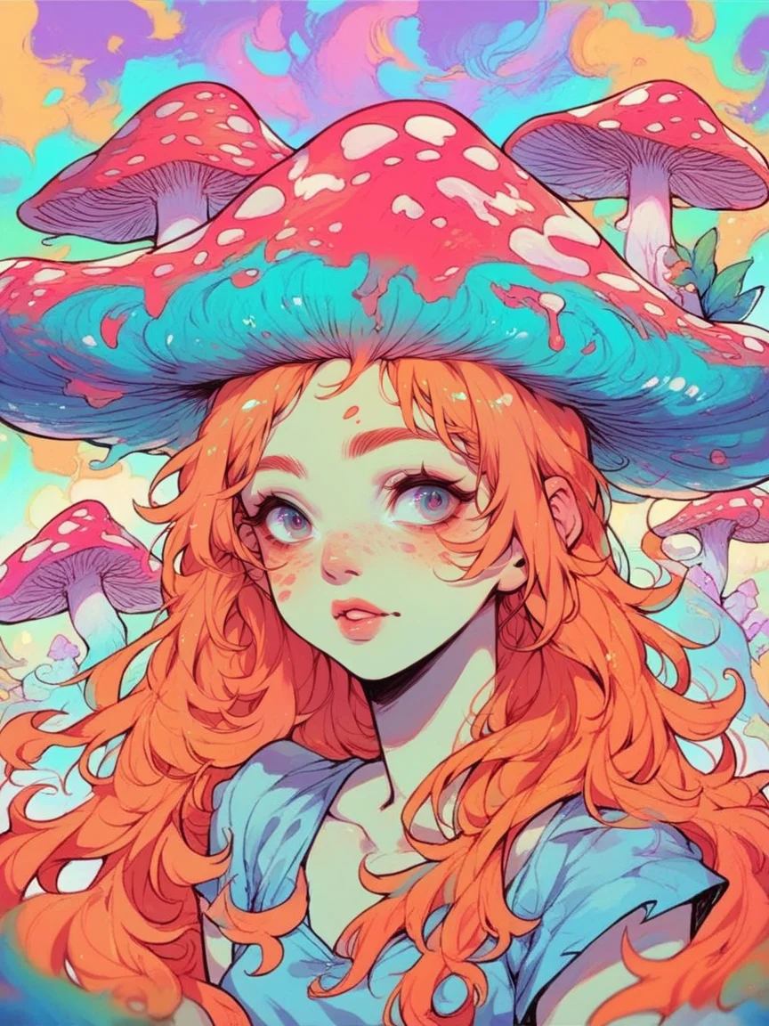score_9, score_8_up, score_7_up, score_6_up, mushg4l, 1girl, colourful, trippy, mushroom on head, long hair, ginger hair <lora:mushg4lXLP:0.8>