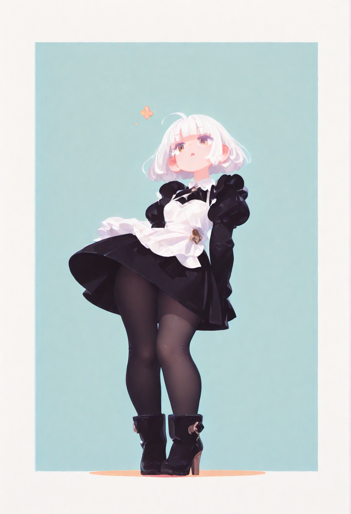 masterpiece, best quality, amazing quality, absurdres, newest, 1girl, solo, 
white hair, bobcut, pastel cyaneyes, blunt bangs, 
tight gossamer very short victorian black maid dress, maid apron, small breast,
(simple herbal patterns in aqua  background with thick white border),
subtle fangs peeking out from slightly parted lips, tongue loosely hanging out, distant gaze, emotionless look, (dazed), 
BREAK,
(heroic pose, strong wind, dynamic pose, contrapposto pose, dynamic angle, stylish pose),
popping out of background, full body layout, from below, 
 jumping, floating,
 skinny upper body, bare feet,
[[chubby thick legs]], bottom heavy, black tights,
short high heel boots,
 thick eyelashes, white long eyelashes, 
ultra-realistic, Flatline, Flat vector illustration, haiz_ai, no lineart, no outline,
pplegs,  tianliang duohe fangdongye, small head,
<lora:haiz_ai_illu:0.8> <lora:flatline:1.65>  <lora:Slider-LimbWidth:1.75> <lora:Slider-LegLength:-1.5>  <lora:v0.04_Concept_pony:0.375> <lora:fangdongye_v1.2:0.66>  <lora:Small_head:0.7> <lora:illustriousXL_stabilizer_v1.72:0.2>