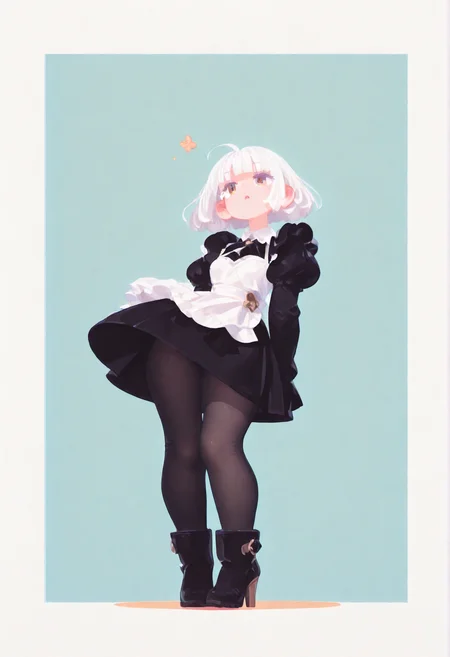 masterpiece, best quality, amazing quality, absurdres, newest, 1girl, solo, 
white hair, bobcut, pastel cyaneyes, blunt bangs, 
tight gossamer very short victorian black maid dress, maid apron, small breast,
(simple herbal patterns in aqua  background with thick white border),
subtle fangs peeking out from slightly parted lips, tongue loosely hanging out, distant gaze, emotionless look, (dazed), 
BREAK,
(heroic pose, strong wind, dynamic pose, contrapposto pose, dynamic angle, stylish pose),
popping out of background, full body layout, from below, 
 jumping, floating,
 skinny upper body, bare feet,
[[chubby thick legs]], bottom heavy, black tights,
short high heel boots,
 thick eyelashes, white long eyelashes, 
ultra-realistic, Flatline, Flat vector illustration, haiz_ai, no lineart, no outline,
pplegs,  tianliang duohe fangdongye, small head,
<lora:haiz_ai_illu:0.8> <lora:flatline:1.65>  <lora:Slider-LimbWidth:1.75> <lora:Slider-LegLength:-1.5>  <lora:v0.04_Concept_pony:0.375> <lora:fangdongye_v1.2:0.66>  <lora:Small_head:0.7> <lora:illustriousXL_stabilizer_v1.72:0.2>