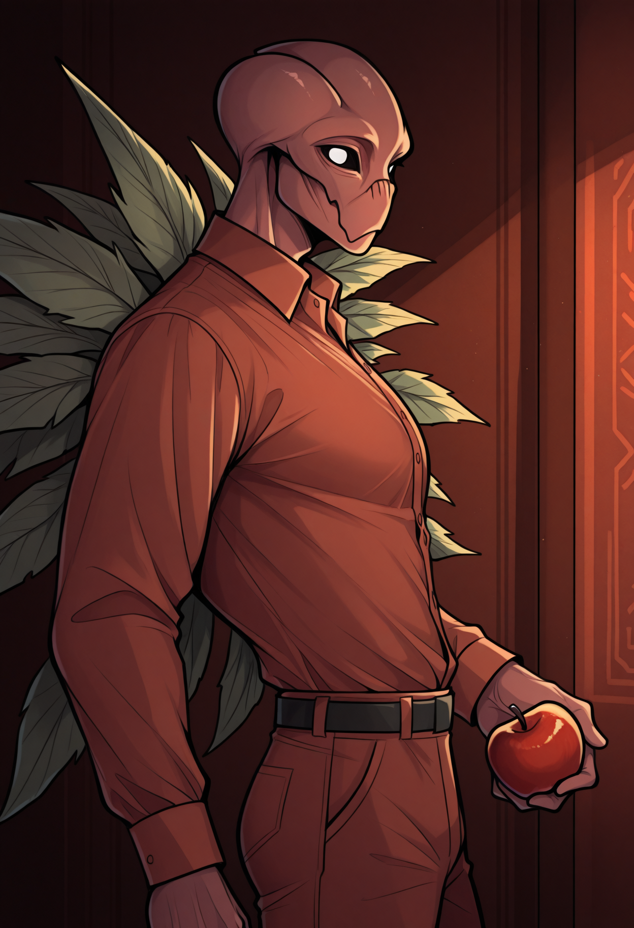 masterpiece, best quality, 1boy, solo, BrackenLethalCompany, white eyes, monster, wings, leaf, black shirt, dress shirt, long sleeves, black pants, black belt, holding apple, indoors, looking at viewer, from side, <lora:ChamBrackenIllustriousXL:1>