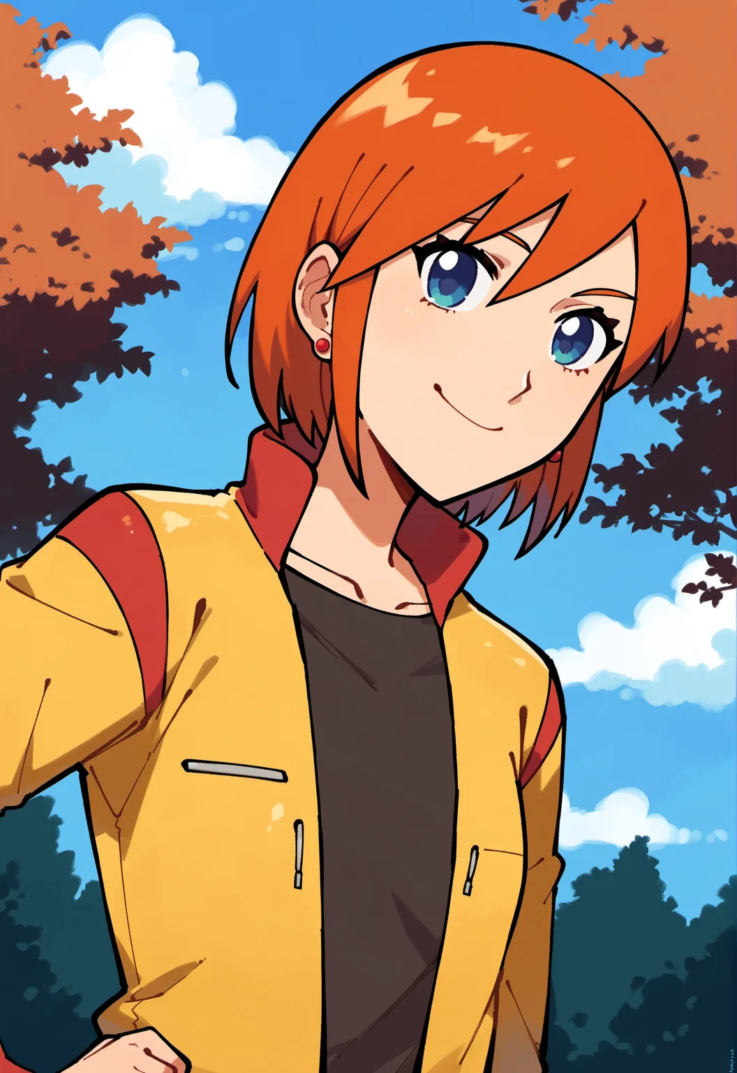 score_9, score_8_up, score_7_up, score_6_up,
BREAK
lunaMWS, 1girl, upper body, blue eyes, orange hair, short hair, swept bangs, small breast, looking at viewer, smile, closed mouth, red earring
BREAK
yellow jacket, long sleeves, closed jacket, black shirt, portrait
BREAK
outdoors, blue sky, cloud, forest, tree <lora:Luna_PlanetSurvival:1>