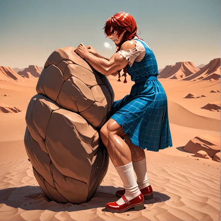 masterpiece, best quality, absurdres,
WSwolethy, scowl, strained, sweating, breathing_heavy, brown_beard, pushing boulder,
gainz socks, gainz shoes, blue dress, gainz shirt, barbell, torn sleeves,
from side, full body view,
desert, boulder, sand,