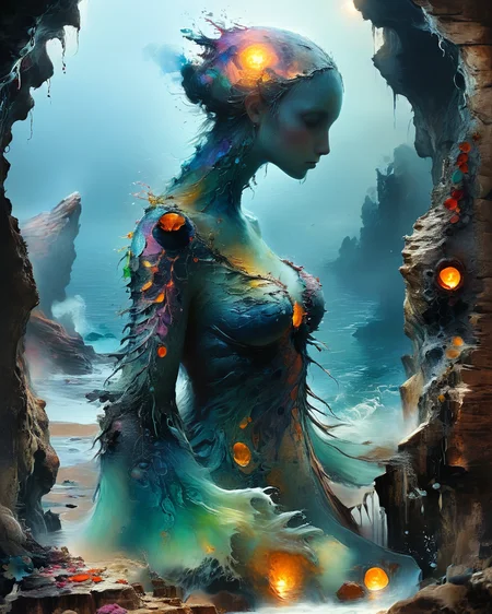 beautiful female water elemental with colorful organic bioluminescent patterns emerging from frothy breakers on a rocky coastline, full body, reflections, sheen, ocean, hyperrealistic, ultra resolution, professional photo,  <lora:Jean-Baptiste Monge Style:1> Jean-Baptiste Monge Style page, <lora:add-detail-xl:1.0> <lora:xl_more_art-full_v1:0.5>