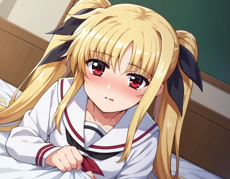 score_9, score_8_up, score_7_up, source_anime,
fatetestarossa, <lora:fate-testarossa-movie2-ponyxl-lora-nochekaiser:1>,
fate testarossa, long hair, blonde hair, red eyes, twintails, hair ribbon,
long sleeves, school uniform, serafuku, shirt, white shirt, white sailor collar,
indoors, bed, bed room, on side, blush, drunk,
looking at viewer, dutch angle, cowboy shot,