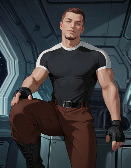 masterpiece, best quality, newest, perfect quality, best quality, detailed background, intricate details, male focus, realistic, solo, <lora:Titan AE - Joseph Korso - Illustrious_epoch_7:0.7>, titan_korso, 1boy, mature male, brown hair, very short hair, crew cut, blue eyes, goatee, black two-tone shirt, fingerless gloves, belt, brown pants, black boots, spacecraft interior, head tilt