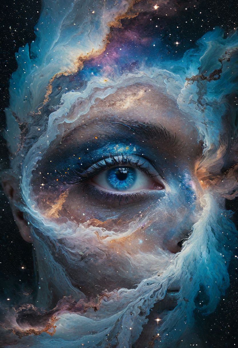 celestial being portrait, swirling galaxies, nebulae, intricate cosmic details, cosmic eyes, vast knowledge, aged textures, soft ethereal glow