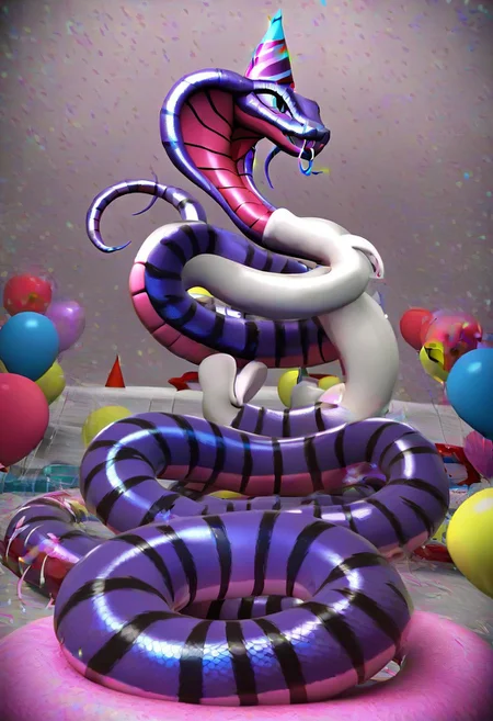 Cute (massive huge eyed), snake, (wearing a party hat), birthday party theme, happy facial expression, 4k, high detail, high quality, realistic, full body,