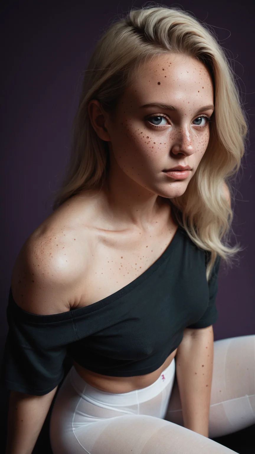 score_9, score_8_up, score_7_up, score_6_up, score_5_up, score_4_up, side view, close up, eye view, face focus, portrait, pearlij, blonde hair, light blue eyes, freckles, soft natural makeup, neutral expression, smooth fair skin, lush breasts, wide hips, soft thick thighs <lora:pearlij:0.8>, simple purple background, (wearing a black sporty overknees, white pantyhose, black shirt, off the shoulder, bare midriff),