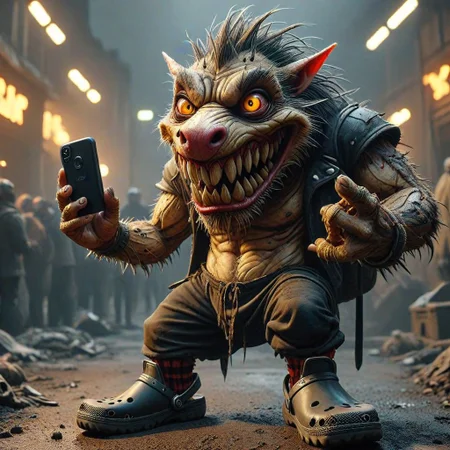 anthromuscular,cradimerdo crocs,ancient skeletal white scruffy short haired shaven character stretching out its hand with a phone close towards the viewer and pointing with its other hand at the viewer while starring at the viewer captured in an aggressive posture, with the creature's mouth open as if shouting, revealing yellow teeth and red eyes. the creature wears a black and red punk tracksuit, appears to be lecturing the viewer, blurry empty cold  concert background
<lora:MJ52:0.5> <lora:DetailedEyes_V3:1> <lora:SDXLFaeTastic2400:0.5>    ziprealism, <lora:anthromuscular:0.5> <lora:cradimerdo:1>