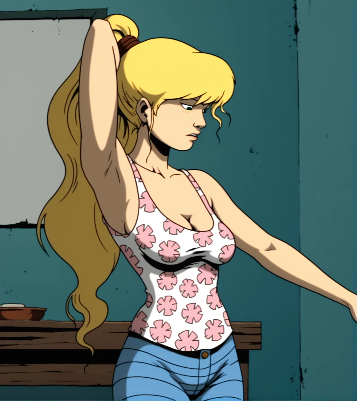 score_9, score_8_up, score_7_up,
1girl, solo, JulieWinters,
arm up, arm pit, arm behind head,
pink floral print shirt, striped jeans, cleavage, medium breasts,
looking down, indoors,
cartoon, source_cartoon, 1990s_(style)
<lora:Julie_Winters:1>