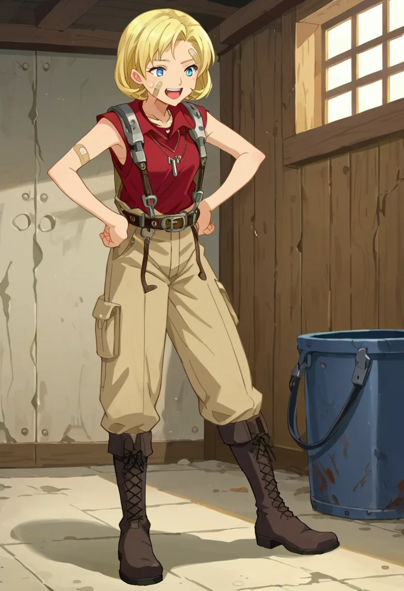 PonyXLV6_Scores, source_anime, anime screencap, anime coloring, 1girl,chainprogear, <lora:chainponyprogear:0.9>,blonde hair,short hair,blue eyes,necklace,bandaid on face,sleeveless shirt,red shirt,suspenders,hands on hip,boots,full body,happy,:d,belt,indoors,hangar,(solo:1.3)