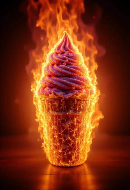 An Ice cream completely engulfed in flames, inferno, blazing, concept art, masterpiece, perfect lighting, purple and green flames, 8k, absurdres, massive fire - rendered in the highest quality