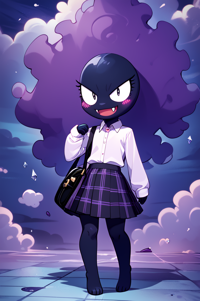 score_9, score_8_up, score_8, no humans,   BREAK, ,  zzGastly, fangs, black eyes, full body, floating, outdoors, :d, night, cloud, purple background <lora:Gastly_Pokemon_PDXL:0.8>, , BREAK, closed mouth, alternate costume, smile, looking at viewer, collared shirt, blush, sweater, black skirt, eyelashes, long sleeves, sleeves past wrists, plaid skirt, shoulder bag, black bag, blurry, tile floor, pleated skirt, white shirt, cowboy shot, ,,, embedding:zPDXL, Expressiveh, ,,, <lora:Vivid:0.7>, <lora:LFashionPDXL:1>, <lora:Uncensored_PonyXL_cpt_v02.09:0.4>, <lora:Expressive_H-000001:0.4>,