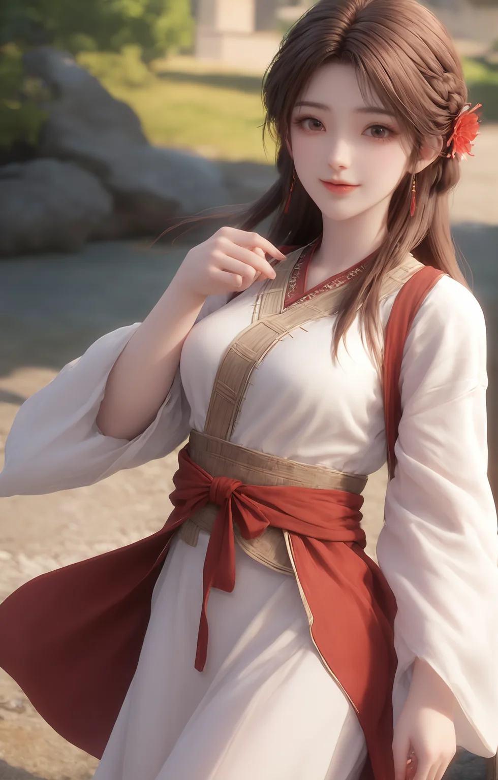 portrait,1girl,solo,brown hair,hair ornament,braid,long hair,wide sleeves,looking at viewer,brown eyes,jewelry,hair flower,long sleeves,sash,dress,mischevious smile,perfect body,scenery,sharp focus,best quality,masterpiece,detailed outfit,illustration,perfect eyes,finely detailed beautiful anime eyes,realistic skin,intricate details,best lighting,depth of field,ultra high resolution,dynamic pose,dynamic angle,<lora:huolinger_V1-000001:1>,