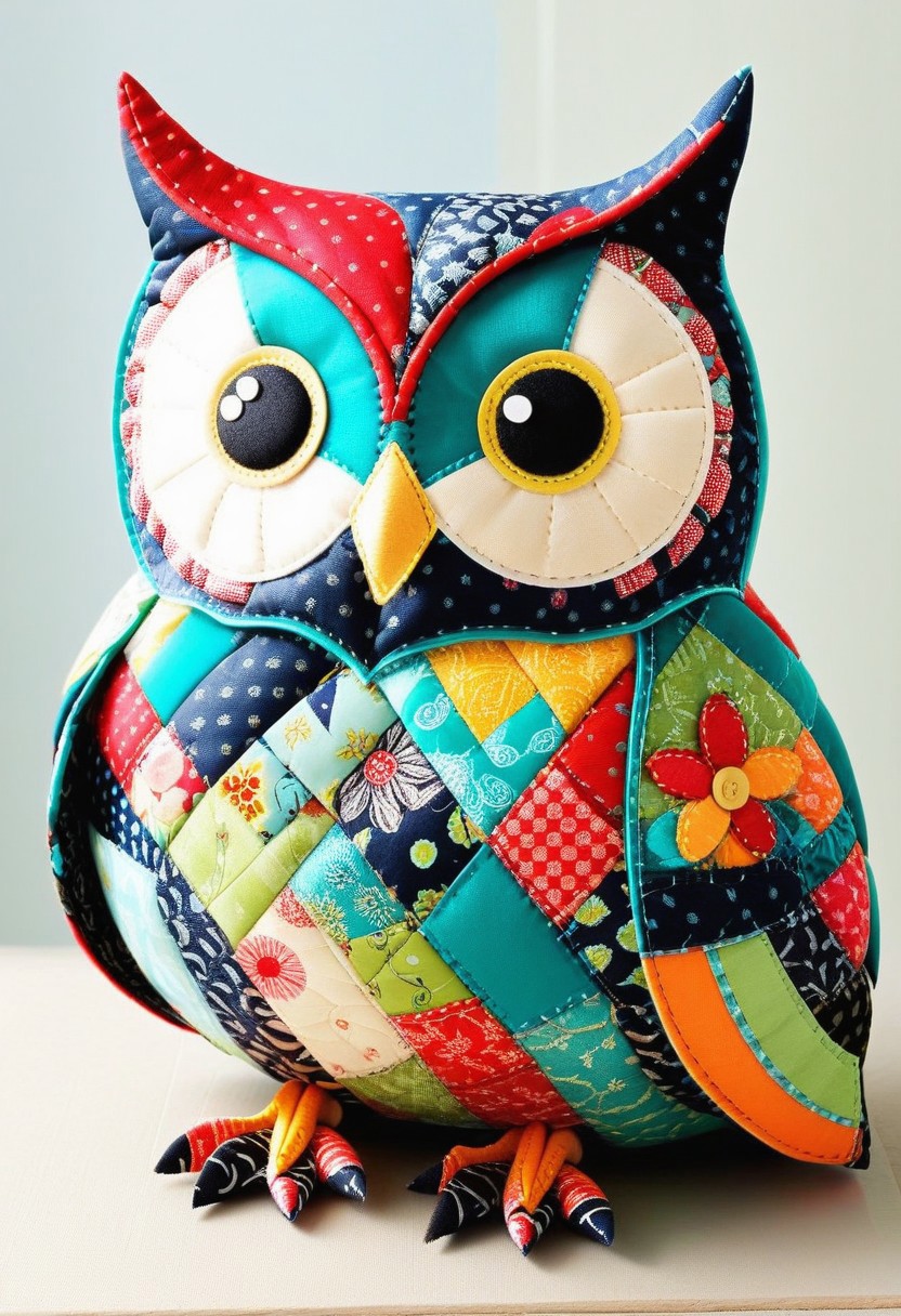 patchwork owl, stitched together with vibrant flair, cozy,
best quality, masterpiece,
