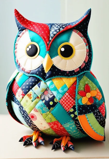 patchwork owl, stitched together with vibrant flair, cozy,
best quality, masterpiece,