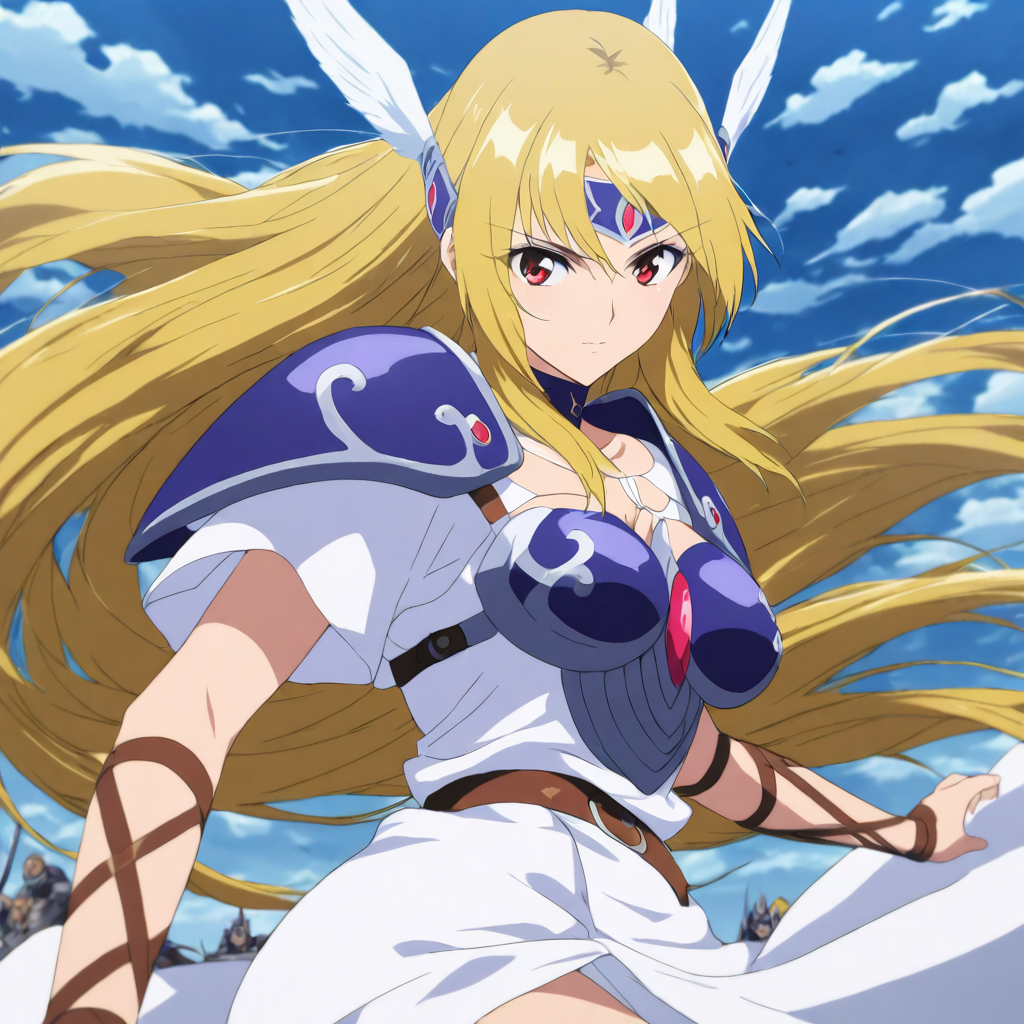 solo,looking at viewer,masterpiece,high score,great score,absurdres,anime coloring,armor,<lora:Valkyrie ag4o:1> valkyrie, blonde hair, long hair, red eyes,