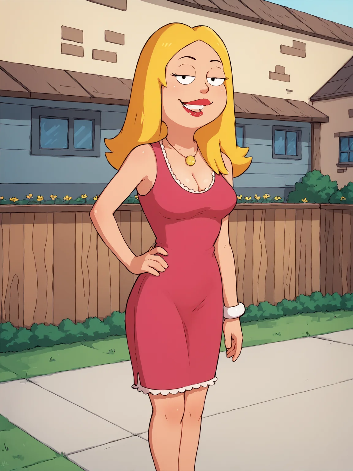 <lora:francinePony20epochs:1> francine,flat color, blonde hair, 1girl, long hair, white braclet, breasts, solo, necklace, cleavage, pink dress, dress, red lips, standing,looking at viewer,fit,outdoors, hand on own hip, breasts, smile, score_9, score_8_up, score_7_up, score_6_up, score_5_up, score_4_up