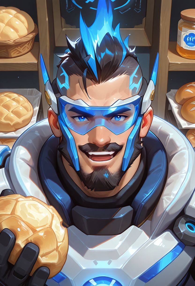 1boy,bara,male,solo,upper body,close-up,bakery,holding melon bread,hand up,open mouth,smile,looking at viewer,
pulsefire_pantheon,power armor,blue eyes,black hair,mohawk,beard,mustache,
blue visor,blue crest,blue crest,long crest,glowing crest,
male focus,perfect anatomy,masterpiece,perfect quality,best quality,detailed,newest,very aesthetic,
<lora:hand 5.5:1>,<lora:4k:1>,<lora:add-detail-xl:1>,<lora:saturation_v1:2>,<lora:pulsefire_pantheon:0.9>,<lora:SilverjowStylePonyXL:0.8>,, <lora:Expressive:0.8>,
