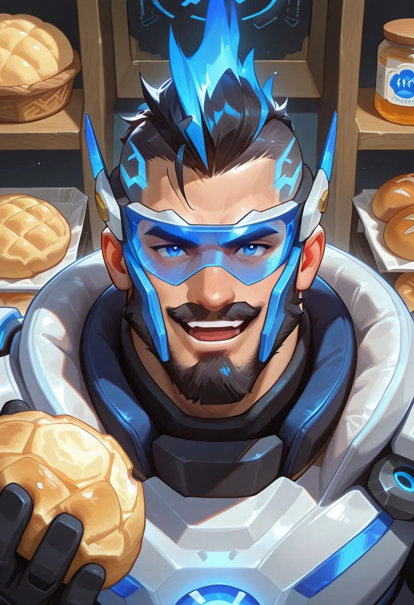 1boy,bara,male,solo,upper body,close-up,bakery,holding melon bread,hand up,open mouth,smile,looking at viewer,
pulsefire_pantheon,power armor,blue eyes,black hair,mohawk,beard,mustache,
blue visor,blue crest,blue crest,long crest,glowing crest,
male focus,perfect anatomy,masterpiece,perfect quality,best quality,detailed,newest,very aesthetic,
<lora:hand 5.5:1>,<lora:4k:1>,<lora:add-detail-xl:1>,<lora:saturation_v1:2>,<lora:pulsefire_pantheon:0.9>,<lora:SilverjowStylePonyXL:0.8>,, <lora:Expressive:0.8>,