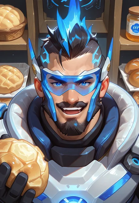 1boy,bara,male,solo,upper body,close-up,bakery,holding melon bread,hand up,open mouth,smile,looking at viewer,
pulsefire_pantheon,power armor,blue eyes,black hair,mohawk,beard,mustache,
blue visor,blue crest,blue crest,long crest,glowing crest,
male focus,perfect anatomy,masterpiece,perfect quality,best quality,detailed,newest,very aesthetic,
<lora:hand 5.5:1>,<lora:4k:1>,<lora:add-detail-xl:1>,<lora:saturation_v1:2>,<lora:pulsefire_pantheon:0.9>,<lora:SilverjowStylePonyXL:0.8>,, <lora:Expressive:0.8>,