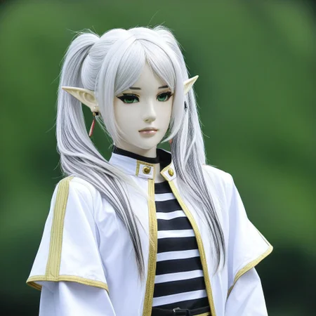 masterpiece, best quality, newest, absurdres, highres, thunderboltfantasy, hIghly detailed photograph, 1girl, frieren, long hair, twintails, white hair, parted bangs, green eyes, elf ears, black and white striped shirt, white jacke with gold details, white skirt, portrait,