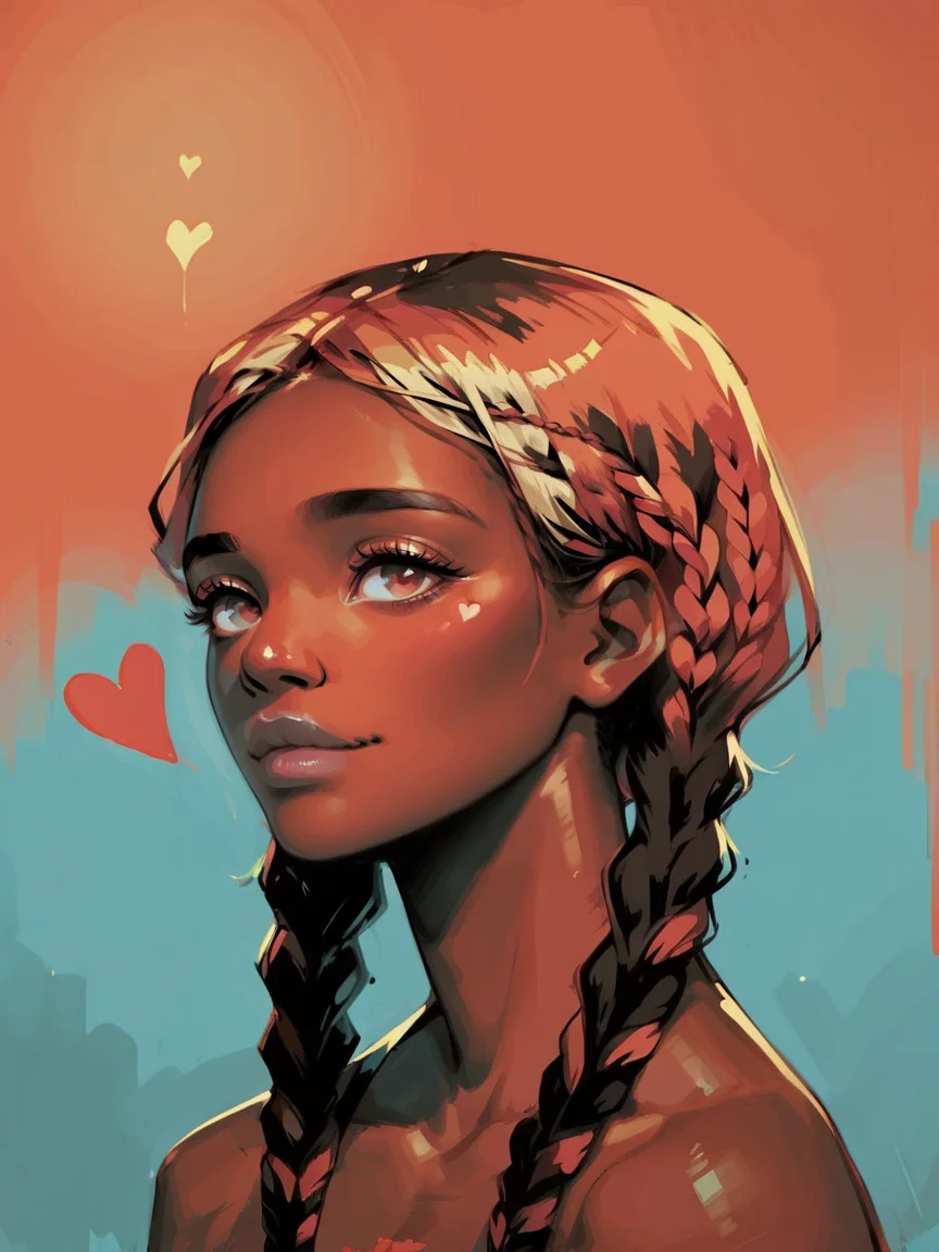 score_9, score_8_up, score_7_up, score_6_up, score_5_up, <lora:coacalinaXLP:1> coacalina, 1girl, portrait, colorful, heart, dark skin, twin braids,